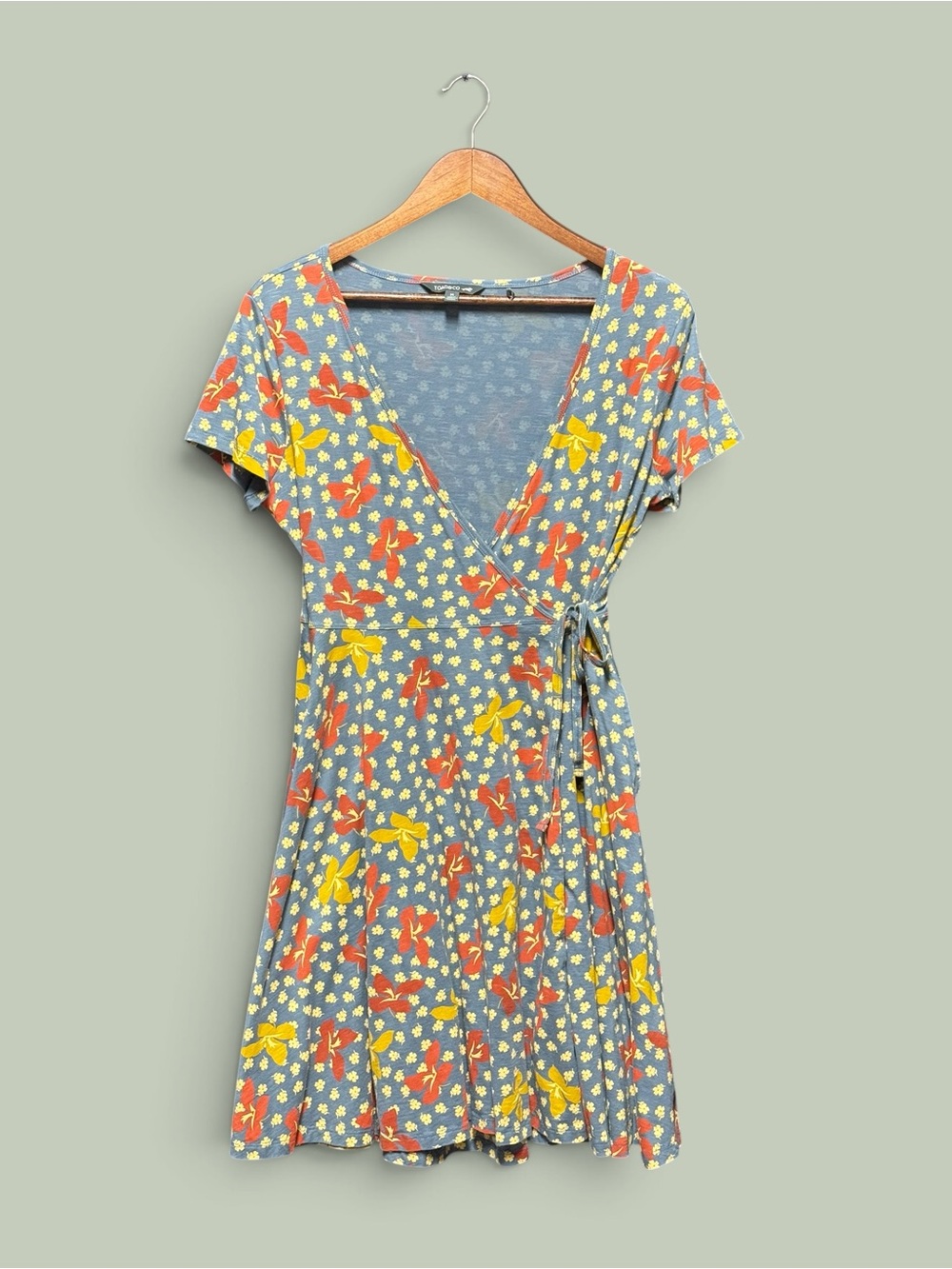 Toad&Co Slate Blue Wrap Dress with Yellow & Coral Floral